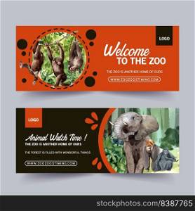 Zoo banner design with elephant, monkey watercolor illustration.