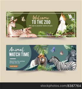 Zoo banner design with gorilla, zebra, butterfly watercolor illustration.