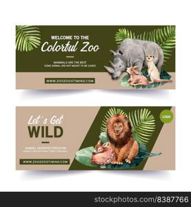 Zoo banner design with rhino, deer, meerkat, lion watercolor illustration.