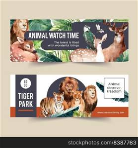 Zoo banner design with tiger, lion, deer watercolor illustration.