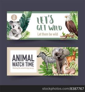 Zoo banner design with zebra, koala, meerkat watercolor illustration.