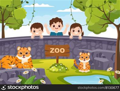 Zoo Cartoon Illustration with Safari Animals Lion, Tiger, Cage and Visitors on Territory on Forest Background Design