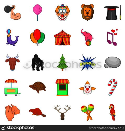 Zoo circus icons set. Cartoon set of 25 zoo circus vector icons for web isolated on white background. Zoo circus icons set, cartoon style