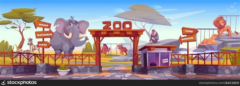 Zoo entrance gate and exotic African animals. Vector cartoon illustration of elephant, zebra, hyena, monkey, lion on territory of safari wildlife park surrounded by fence with wooden arrow signs. Zoo entrance gate and exotic African animals