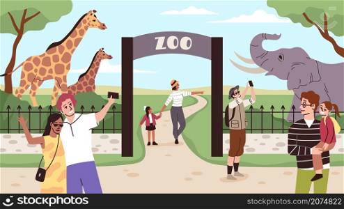 Zoo entrance gates. Animals park fences. Happy visitors take selfies. Parents and children excursion. Outdoor family weekend leisure pastime. Couples looking at elephant and giraffes. Vector concept. Zoo entrance gates. Animals park fences. Visitors take selfies. Parents and children excursion. Outdoor family weekend pastime. Couples looking at elephant and giraffes. Vector concept