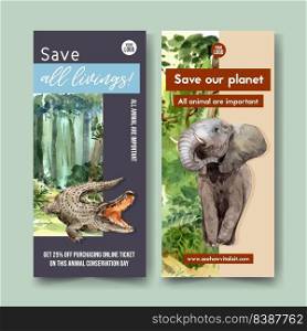 Zoo flyer design with crocodile, elephant watercolor illustration.  