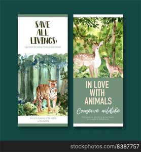Zoo flyer design with deer, tiger watercolor illustration.  