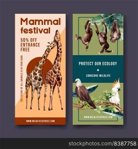 Zoo flyer design with eagle, monkey, giraffe watercolor illustration.  