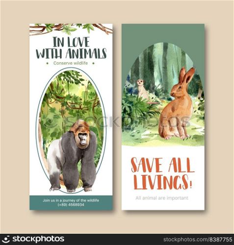 Zoo flyer design with gorilla, rabbit, meerkat watercolor illustration.  