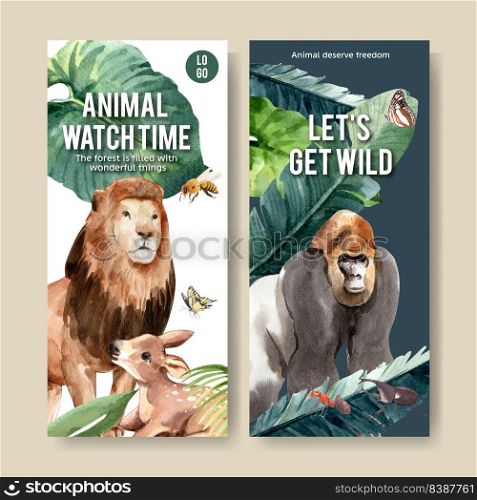 Zoo flyer design with lion, gorilla, bee watercolor illustration.  