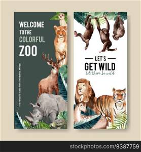 Zoo flyer design with meerkat, lion, tiger watercolor illustration.  