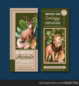 Zoo flyer design with rabbit, deer, lion watercolor illustration.  