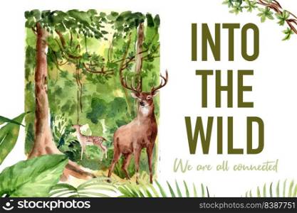 Zoo frame design with tree, deer watercolor illustration.  