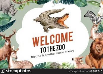 Zoo frame design with zebra, lion, bird, crocodile watercolor illustration.  
