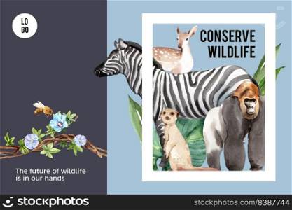 Zoo frame design with zebra, meerkat, gorilla watercolor illustration.  