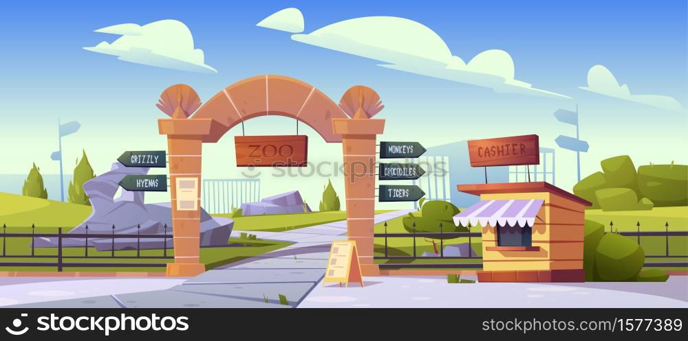 Zoo gates with pointers to wild animal cages monkeys, crocodiles, tigers, grizzly and hyenas. Outdoor park entrance with cashier booth, billboard, fencing and stone pillars Cartoon vector illustration. Zoo gates with pointers to wild animals cages