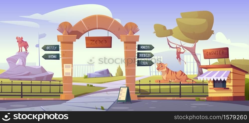 Zoo gates with pointers to wild animal cages monkeys, crocodiles, tigers, grizzly and hyenas. Outdoor park entrance with cashier booth, billboard, fencing and stone pillars Cartoon vector illustration. Zoo gates with pointers to wild animals cages