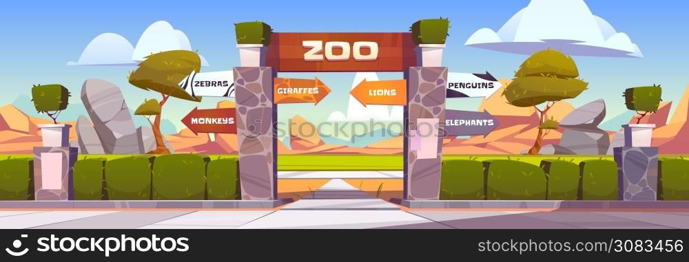 Zoo gates with pointers to wild animals cages monkeys, zebras, giraffes, lions, penguins and elephants. Outdoor park entrance with green bushes fencing and stone pillars. Cartoon vector illustration. Zoo gates with pointers to wild animals cages