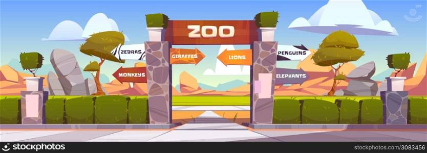 Zoo gates with pointers to wild animals cages monkeys, zebras, giraffes, lions, penguins and elephants. Outdoor park entrance with green bushes fencing and stone pillars. Cartoon vector illustration. Zoo gates with pointers to wild animals cages