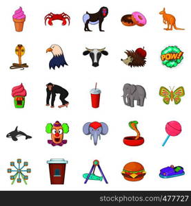 Zoo icons set. Cartoon set of 25 zoo vector icons for web isolated on white background. Zoo icons set, cartoon style