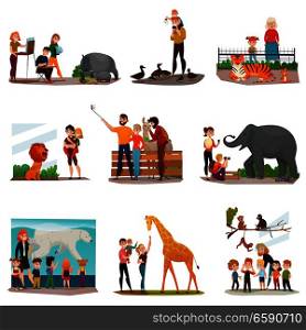 Zoo icons set with visitors making selfie feeding ducks watching tigers talking to giraffe isolated vector illustrations. Zoo Visitors Set