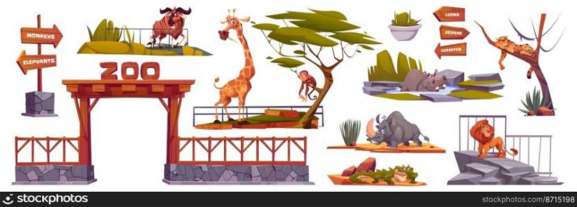 Zoo landscape elements, cartoon vector set, entrance with wooden arch, fence and african animals. Zoological park collection with wood arrows pointers on pole, pond with hippo and green plants. Zoo landscape elements cartoon vector set isolated