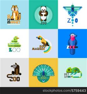 Zoo market pet shop logo set with wild animals and cute birds isolated vector illustration
