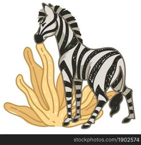 Zoo or natural reservation for animals to protect wildlife. Isolated zebra with stripes eating bush with dry yellow leaves. Savannah or africa hot climate, flora and fauna. Vector in flat style. Zebra eating dry leaves in africa or savannah