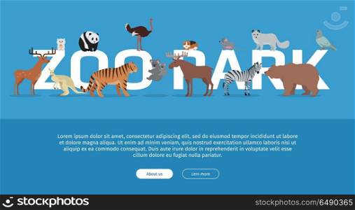 Zoo Park Banner. Website Template. Zoo Park banner. Various animals stands or sits near letters. Poster for the zoo with deer, kangaroo, ostrich, tiger, koala, zebra, bear, fox, panda, mouse, moose on blue background. Website template