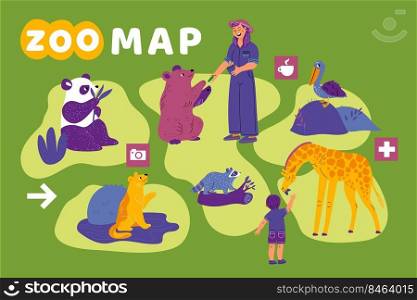 Zoo park map. Layout of animal enclosures. Exotic fauna. Visitor and employee. Wildlife observation. Raccoon and panda fences. Kid feeding giraffe. Pelican or lion. Area scheme. Garish vector concept. Zoo park map. Layout of animal enclosures. Visitor and employee. Wildlife observation. Raccoon and panda. Kid feeding giraffe. Exotic pelican or lion. Area scheme. Garish vector concept