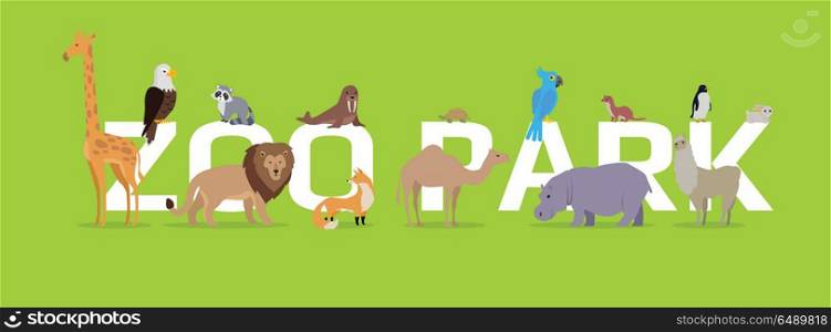 Zoo park vector concept. Flat style. Horizontal banner with exotic wild animals illustrations. Birds and mammals standing, sitting, lying on green background and letters. For zoo ad, web design . Zoo Park Conceptual Flat Style Vector Web Banner . Zoo Park Conceptual Flat Style Vector Web Banner