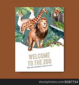 Zoo poster design with lion, giraffe, deer, bird watercolor illustration.  