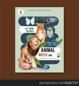 Zoo poster design with lion, ti≥r, deer watercolor illustration.  