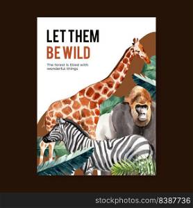 Zoo poster design with monkey, zebra, giraffe watercolor illustration.  