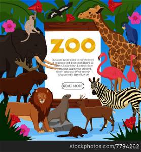 Zoo poster with cartoon collection of exotic wild animals inhabitants of tropical jungle savannah and tundra flat vector illustration . Zoo Cartoon Poster