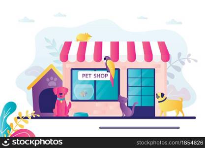 Zoo store with different pets. Cats and dogs sitting near animal shop building. Exterior facade pet shop with signboard. Pet products shopping concept. Banner in trendy style. Flat vector illustration. Zoo store with different pets. Cats and dogs sitting near animal shop building. Exterior facade pet shop with signboard