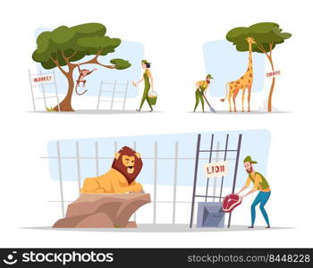Zoo stuff. People working in zoo animals care and feeds monkey bear giraffe lion exact vector cartoon illustrations set. Zoo character and volunteer with giraffe and lion. Zoo stuff. People working in zoo animals care and feeds monkey bear giraffe lion exact vector cartoon illustrations set