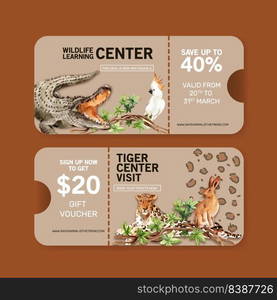 Zoo ticket design with crocodile, leopard, rabbit watercolor illustration.  