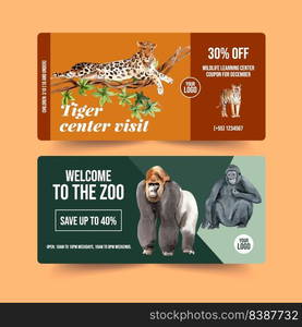 Zoo ticket design with leopard, tiger,  watercolor illustration.  