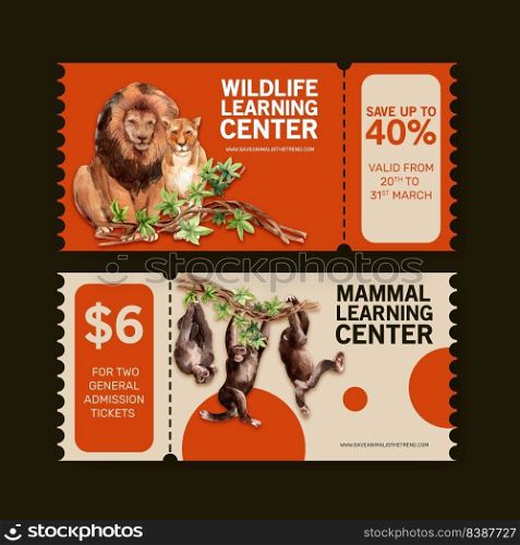 Zoo ticket design with lion, monkey watercolor illustration.  