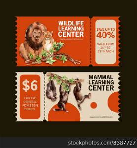 Zoo ticket design with lion, monkey watercolor illustration.  