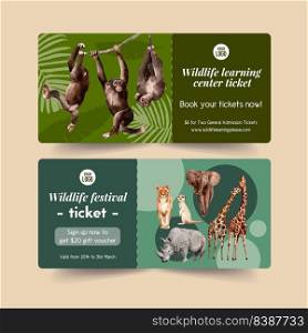 Zoo ticket design with monkey, meerkat, tiger watercolor illustration.  