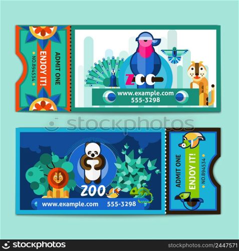 Zoo tickets templates set with wild amimals and birds isolated vector illustration. Zoo Tickets Set