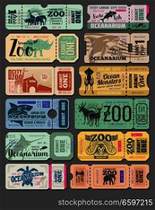 Zoo tickets vintage design of wild animals and fish. Vector retro admit tickets for zoological park or oceanarium of African giraffe, ocean monster whale or zebra and safari rhinoceros with cut line. Vector vintage tickets of zoo animals and fish