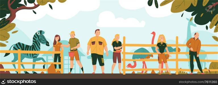 Zoo workers background with people feeding wild animals vector illustration
