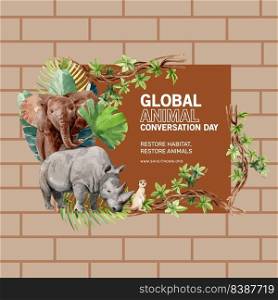 Zoo wreath design with elephant, meerkat, rhino watercolor illustration,  