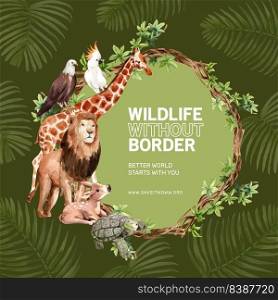 Zoo wreath design with giraffe, bird, lion watercolor illustration,  
