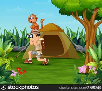 Zookeeper boy and his monkey camping in the beautiful park