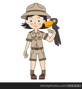 Zookeeper woman with Toucan,cute zoo keeper in brown uniform.