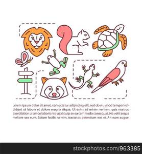 Zoological park article page vector template. Exotic animals. Brochure, magazine, booklet design element with linear icons and text boxes. Print design. Concept illustrations with text space